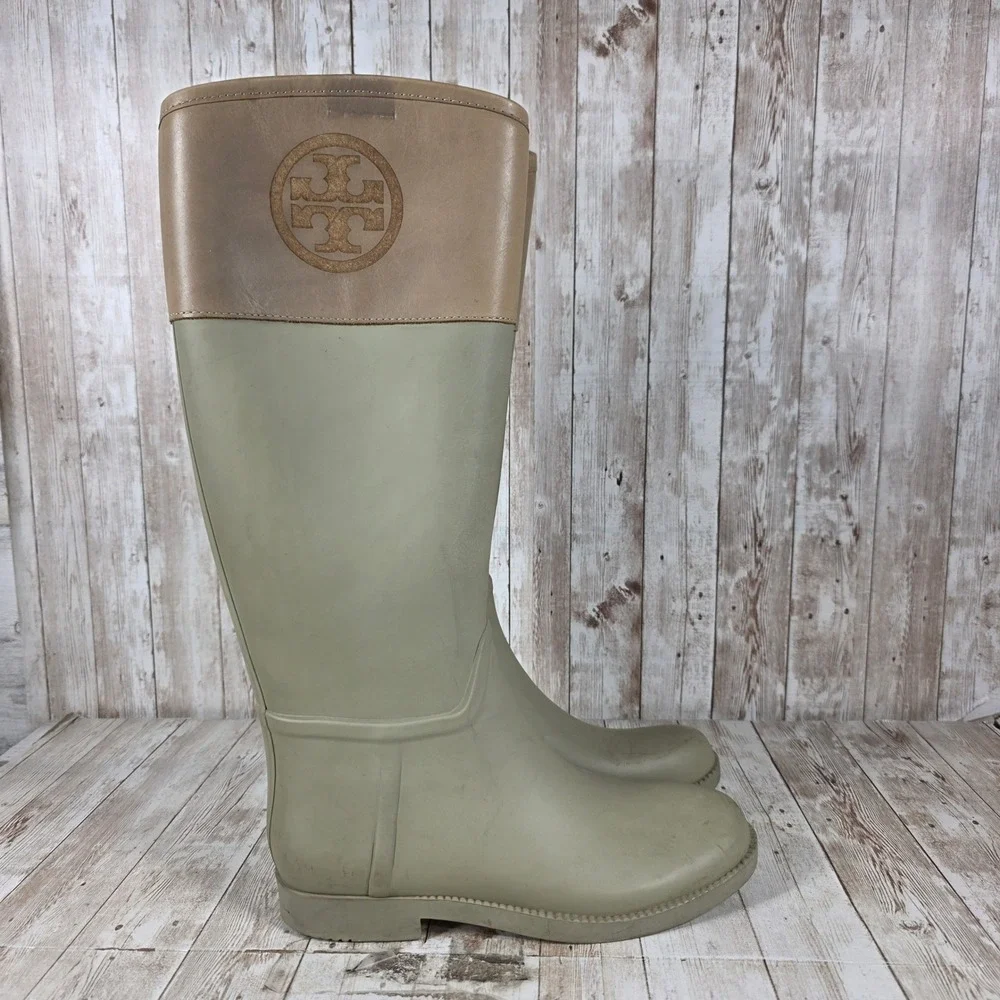 Tory Burch Riding Rain Boots Beige Tan Logo Rubber Women's Size‎ 9B